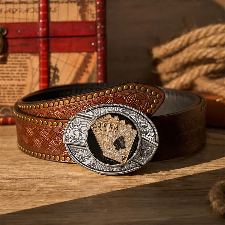 Cintura in pelle con fibbia a coltello pieghevole nascosto fai-da-te stile cowboy, brillante Royal Flush. - Scala reale d'oro - Cintura con rivetti marroni - 42 - image 4