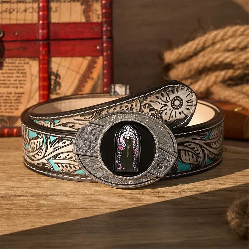 Cintura in pelle con fibbia a coltello pieghevole nascosto fai-da-te a forma di gatto nero colorato e finestra carina. - Gatto nero - Cintura grigia a fiori - 42 - image 8