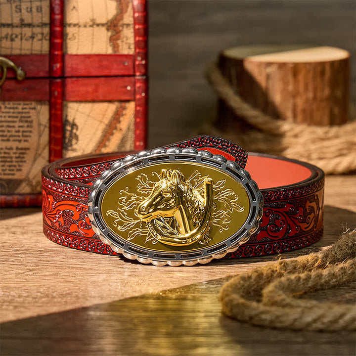 Cintura in pelle fai da te con fibbia dorata a forma di ferro di cavallo e testa di cavallo portafortuna - Oro - Cintura intagliata marrone - 42 - image 6