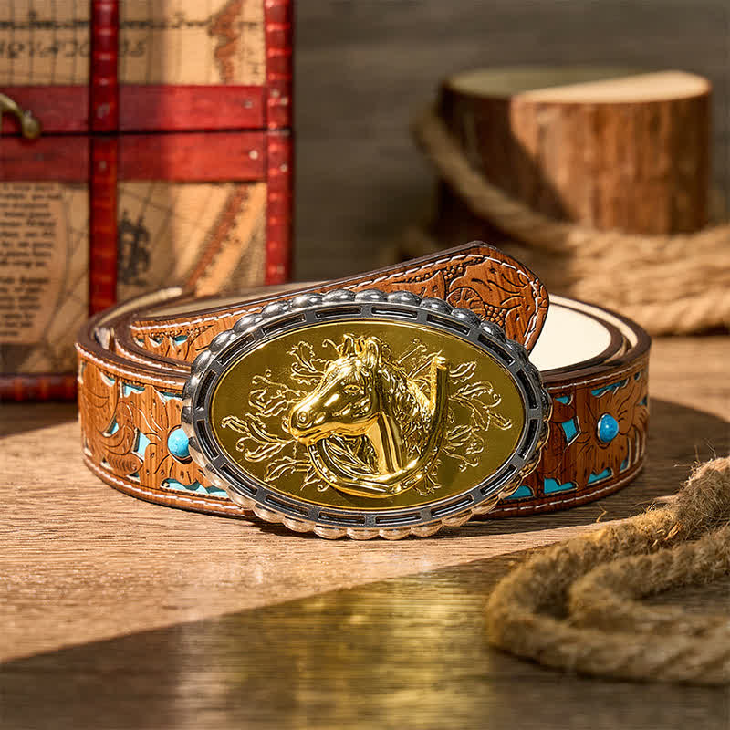 Cintura in pelle fai da te con fibbia dorata a forma di ferro di cavallo e testa di cavallo portafortuna - Oro - Cintura turchese intagliata - 42 - image 3