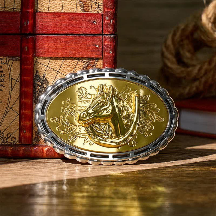 Cintura in pelle fai da te con fibbia dorata a forma di ferro di cavallo e testa di cavallo portafortuna - Oro - Senza cintura - Cintura non inclusa - image 0