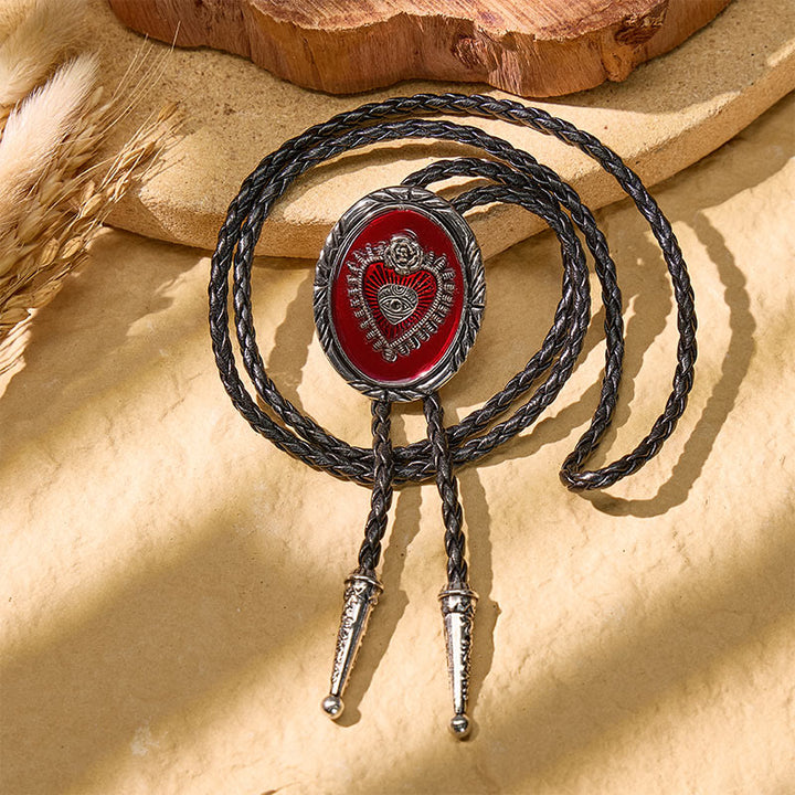 Cravatta bolo vintage Western rossa con rilievo del Sacro Cuore - image 3