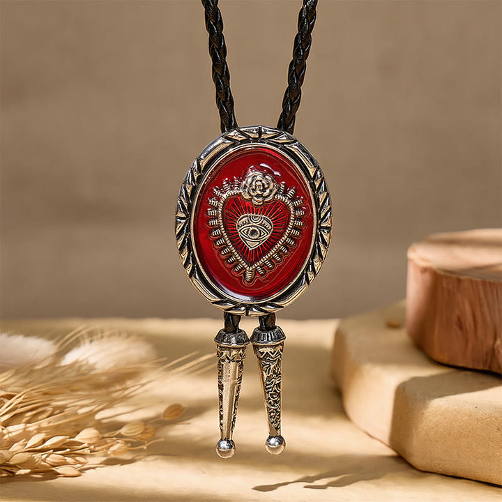 Cravatta bolo vintage Western rossa con rilievo del Sacro Cuore - image 6