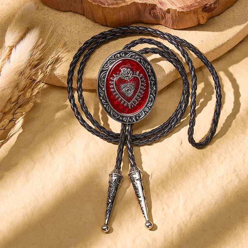 Cravatta bolo vintage rotonda con Sacro Cuore in smalto rosso - image 2
