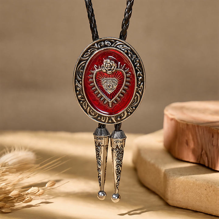 Cravatta bolo vintage rotonda con Sacro Cuore in smalto rosso - image 3