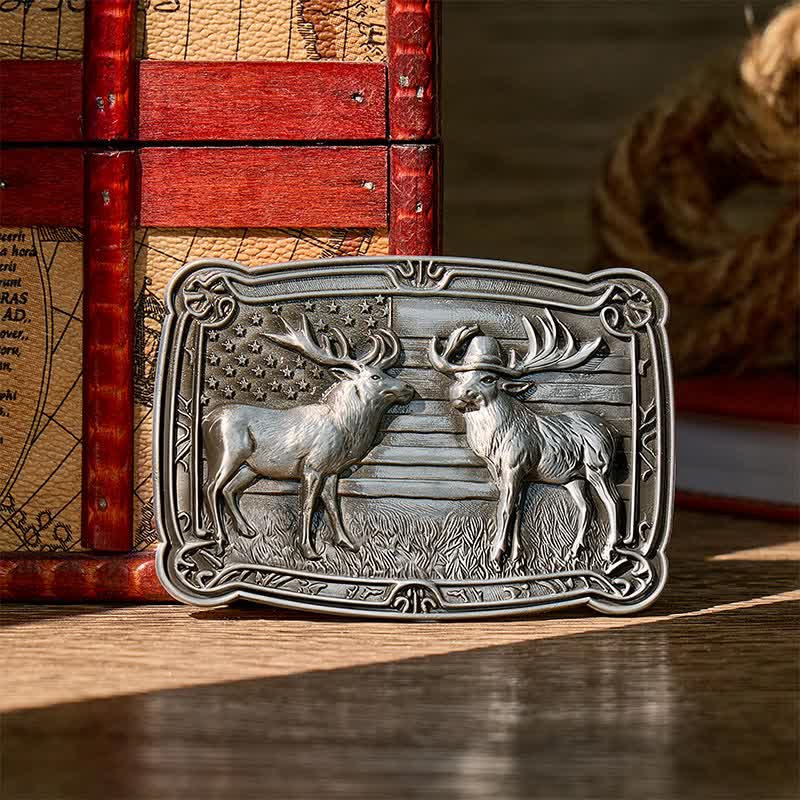 Cintura in pelle con fibbia fai-da-te, due alci e tema patriottico "Duelf Western" in stile western. - Argento - Senza cintura - Cintura non inclusa - image 0