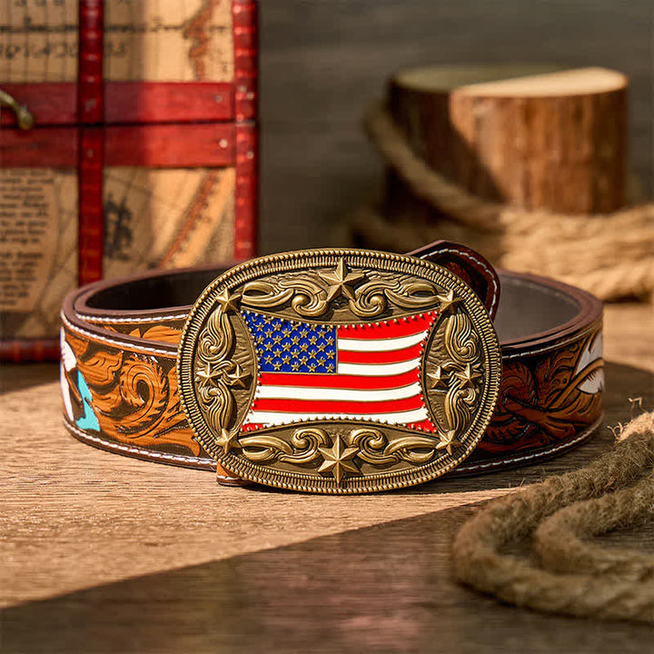 Cintura in pelle fai da te con fibbia patriottica a forma di bandiera americana smaltata. - Bronzo - Cintura di piume marroni - 40 - image 7