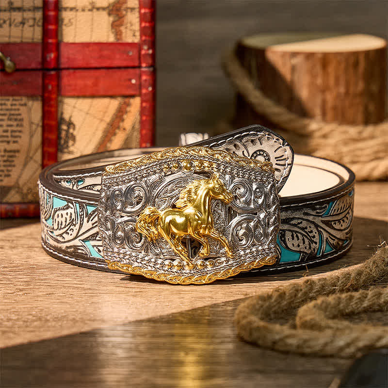 Cintura in pelle bicolore con fibbia fai-da-te a tema cowboy, cavaliere di cavalli selvaggi e cavallo selvaggio. - Cavallo selvatico - Cintura grigia a fiori - 42 - image 8