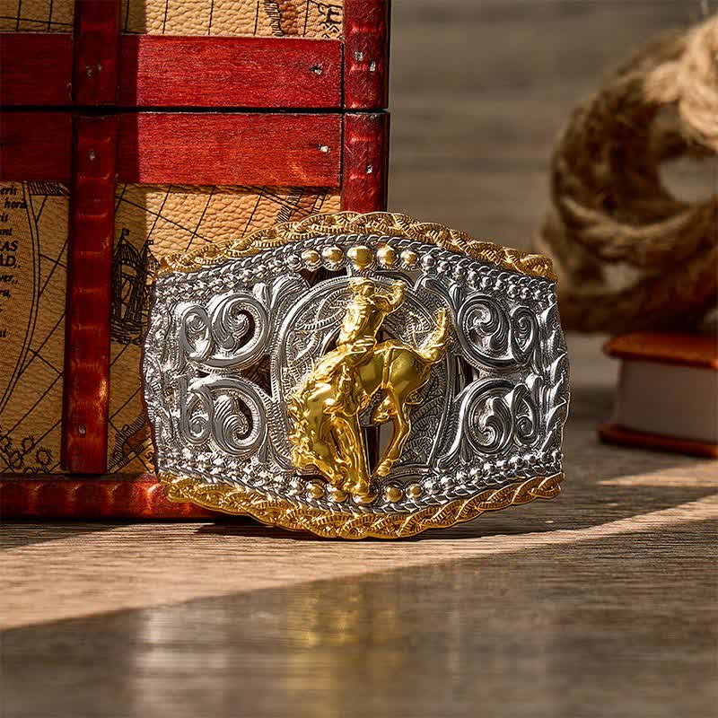 Cintura in pelle bicolore con fibbia fai-da-te a tema cowboy, cavaliere di cavalli selvaggi e cavallo selvaggio. - Cavaliere del Bronco - Senza cintura - Cintura non inclusa - image 9