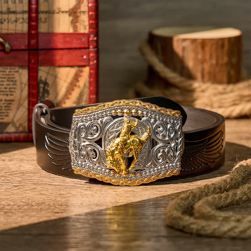 Cintura in pelle bicolore con fibbia fai-da-te a tema cowboy, cavaliere di cavalli selvaggi e cavallo selvaggio. - Cavaliere del Bronco - Cintura nera con aquila in rilievo - 42 - image 11