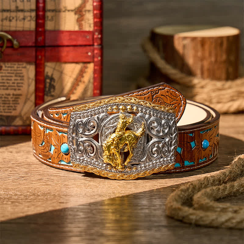 Cintura in pelle bicolore con fibbia fai-da-te a tema cowboy, cavaliere di cavalli selvaggi e cavallo selvaggio. - Cavaliere del Bronco - Cintura turchese intagliata - 42 - image 12
