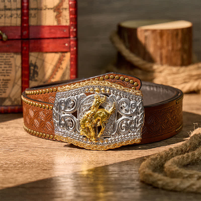 Cintura in pelle bicolore con fibbia fai-da-te a tema cowboy, cavaliere di cavalli selvaggi e cavallo selvaggio. - Cavaliere del Bronco - Cintura con rivetti marroni - 42 - image 13