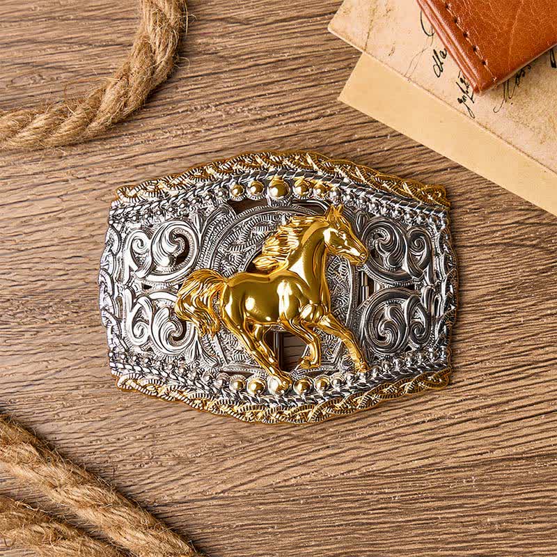 Cintura in pelle bicolore con fibbia fai-da-te a tema cowboy, cavaliere di cavalli selvaggi e cavallo selvaggio. - image 1