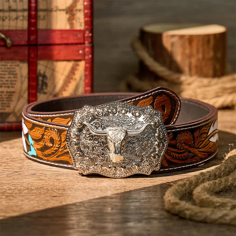Cintura in pelle con fibbia fai-da-te da cowboy western Longhorn Legacy lucida - Argento - Cintura di piume marroni - 40 - image 16