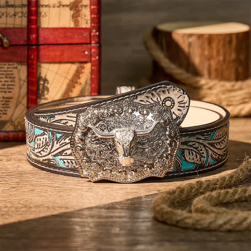 Cintura in pelle con fibbia fai-da-te da cowboy western Longhorn Legacy lucida - Argento - Cintura grigia a fiori - 42 - image 17