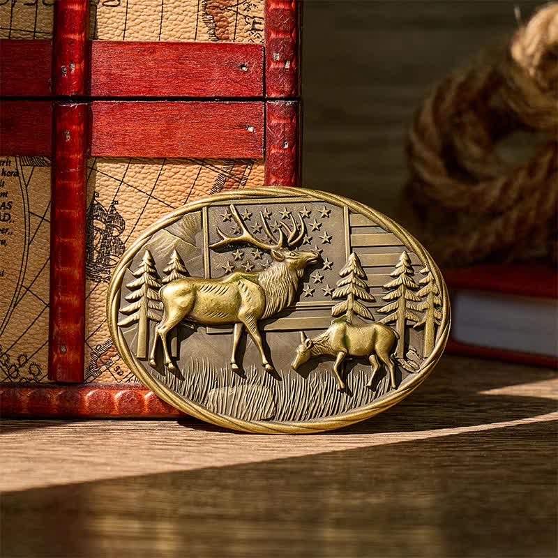 Cintura in pelle fai-da-te con fibbia a forma di alce e bandiera americana, tema patriottico e fauna selvatica. - Bronzo - Senza cintura - Cintura non inclusa - image 0