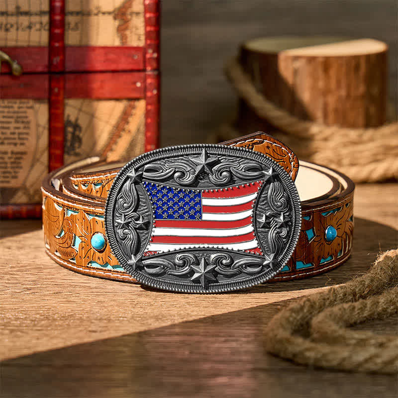 Cintura in pelle fai da te con fibbia patriottica a forma di bandiera americana smaltata. - Argento - Cintura turchese intagliata - 42 - image 11