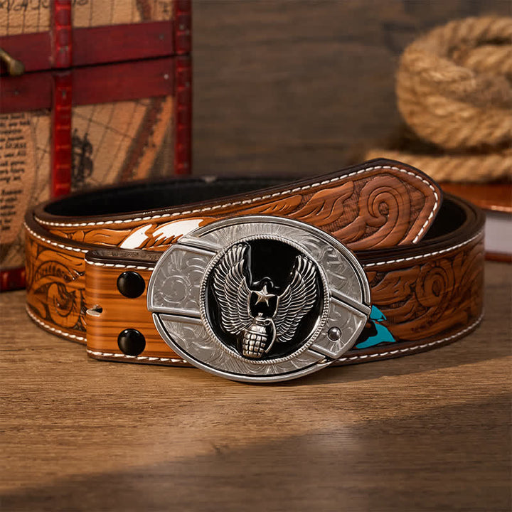 Cintura in pelle con fibbia a coltello pieghevole nascosto fai-da-te a forma di testa d'orso guardiano tribale in argento. - Orso - Cintura di piume marroni - 40 - image 8