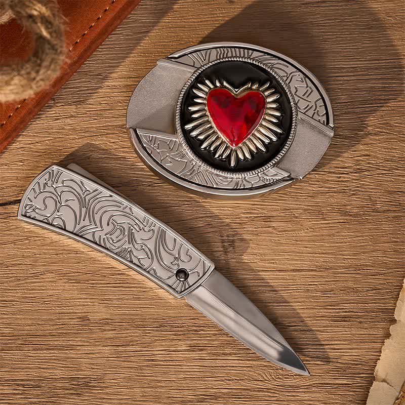 Cintura in pelle con fibbia a coltello pieghevole nascosto fai-da-te a forma di cuore rosso fiammeggiante - image 1