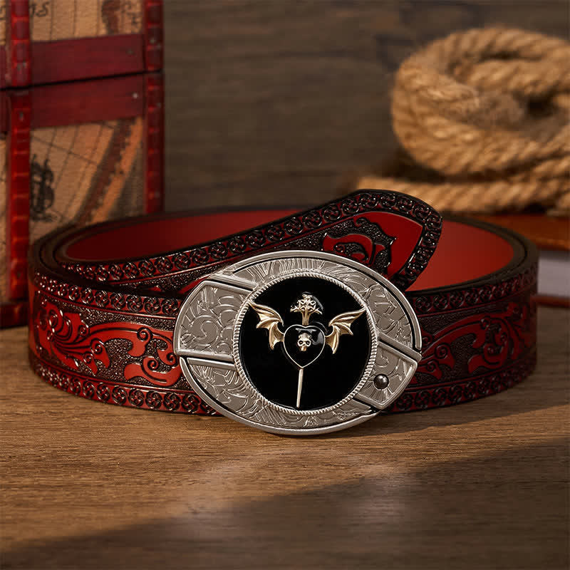 Cintura in pelle con fibbia a coltello pieghevole nascosto fai-da-te a forma di teschio e ala di pipistrello. - Amore oscuro - Cintura intagliata marrone - 42 - image 6