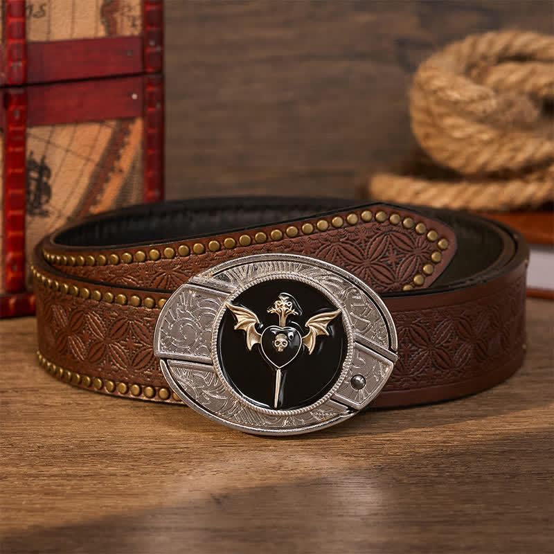 Cintura in pelle con fibbia a coltello pieghevole nascosto fai-da-te a forma di teschio e ala di pipistrello. - Amore oscuro - Cintura con rivetti marroni - 42 - image 4