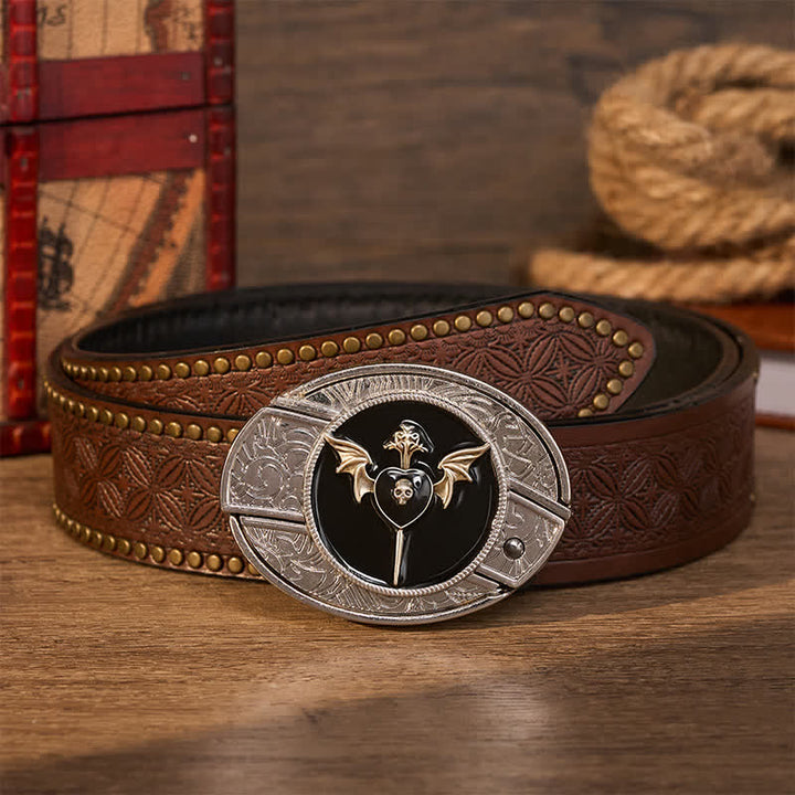 Cintura in pelle con fibbia a coltello pieghevole nascosto fai-da-te a forma di teschio e ala di pipistrello. - Amore oscuro - Cintura con rivetti marroni - 42 - image 4