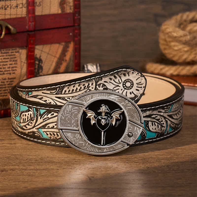 Cintura in pelle con fibbia a coltello pieghevole nascosto fai-da-te a forma di teschio e ala di pipistrello. - Amore oscuro - Cintura grigia a fiori - 42 - image 8