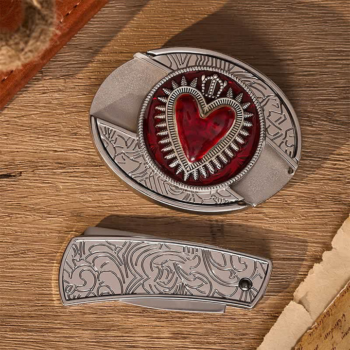Cintura in pelle con fibbia a coltello pieghevole nascosto fai-da-te a forma di cuore con corona rossa - image 10