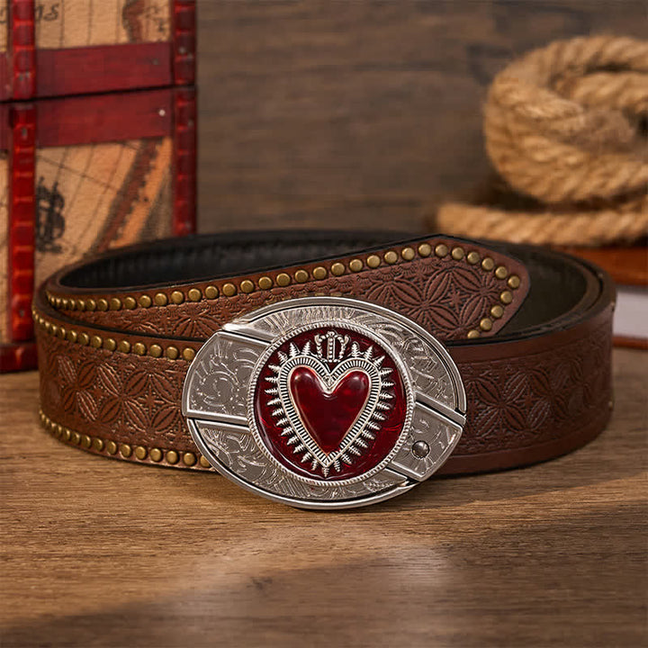 Cintura in pelle con fibbia a coltello pieghevole nascosto fai-da-te a forma di cuore con corona rossa - Cuore dalla corona rossa - Cintura con rivetti marroni - 42 - image 4