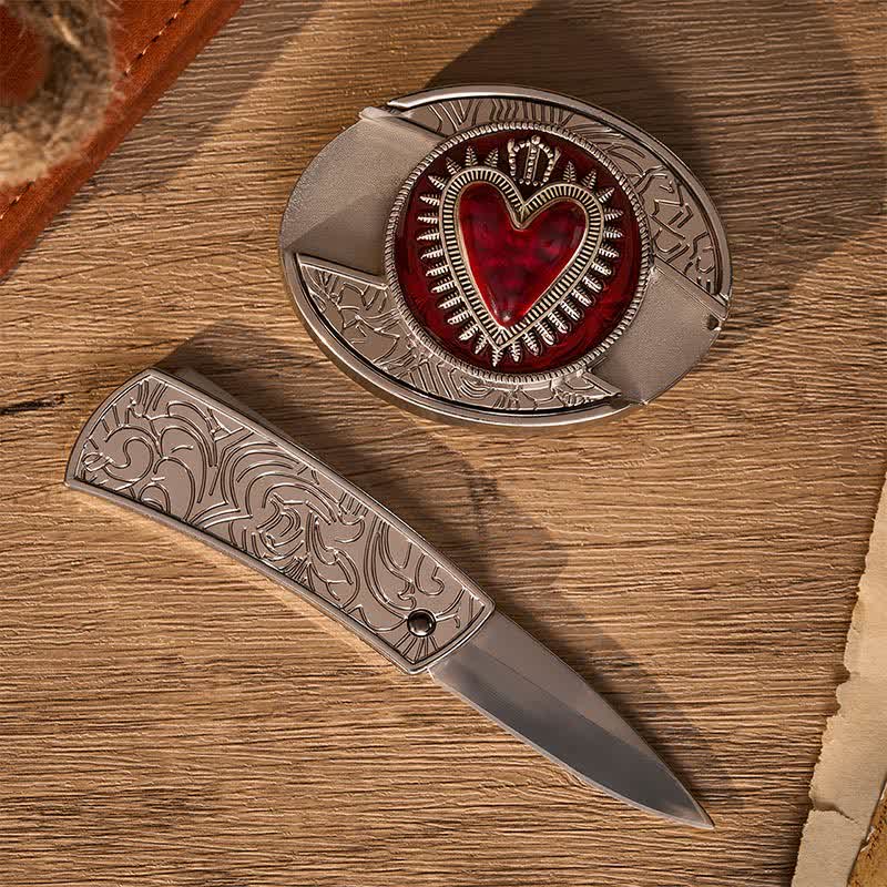 Cintura in pelle con fibbia a coltello pieghevole nascosto fai-da-te a forma di cuore con corona rossa - image 1