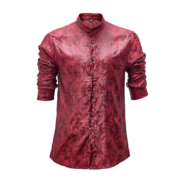 Camicia da uomo a maniche lunghe con colletto alla coreana e colletto alto in raso jacquard scuro con motivo a rose. - image 8