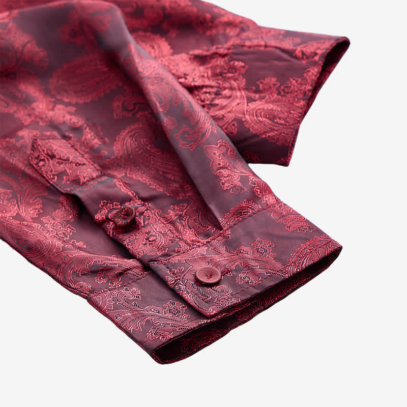 Camicia da uomo a maniche lunghe con colletto alla coreana e colletto alto in raso jacquard scuro con motivo a rose. - image 6
