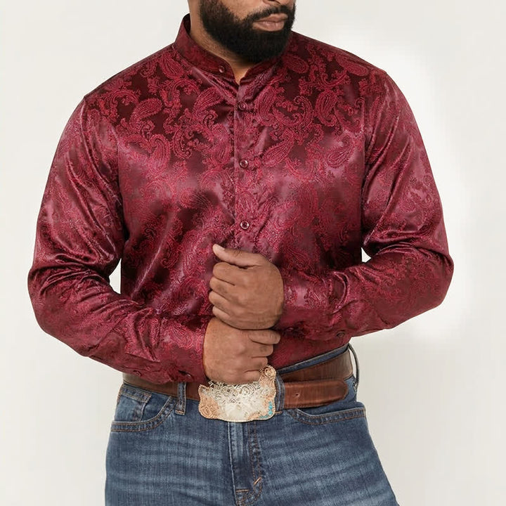 Camicia da uomo a maniche lunghe con colletto alla coreana e colletto alto in raso jacquard scuro con motivo a rose. - image 1