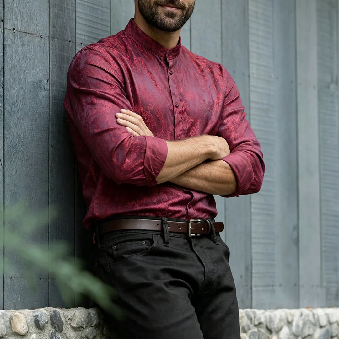 Camicia da uomo a maniche lunghe con colletto alla coreana e colletto alto in raso jacquard scuro con motivo a rose. - Borgogna - 2XL - image 0