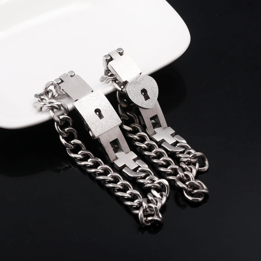 Set di 2 braccialetti coordinati per coppie con lucchetto a forma di cuore e chiave intrecciati - Argento - image 0