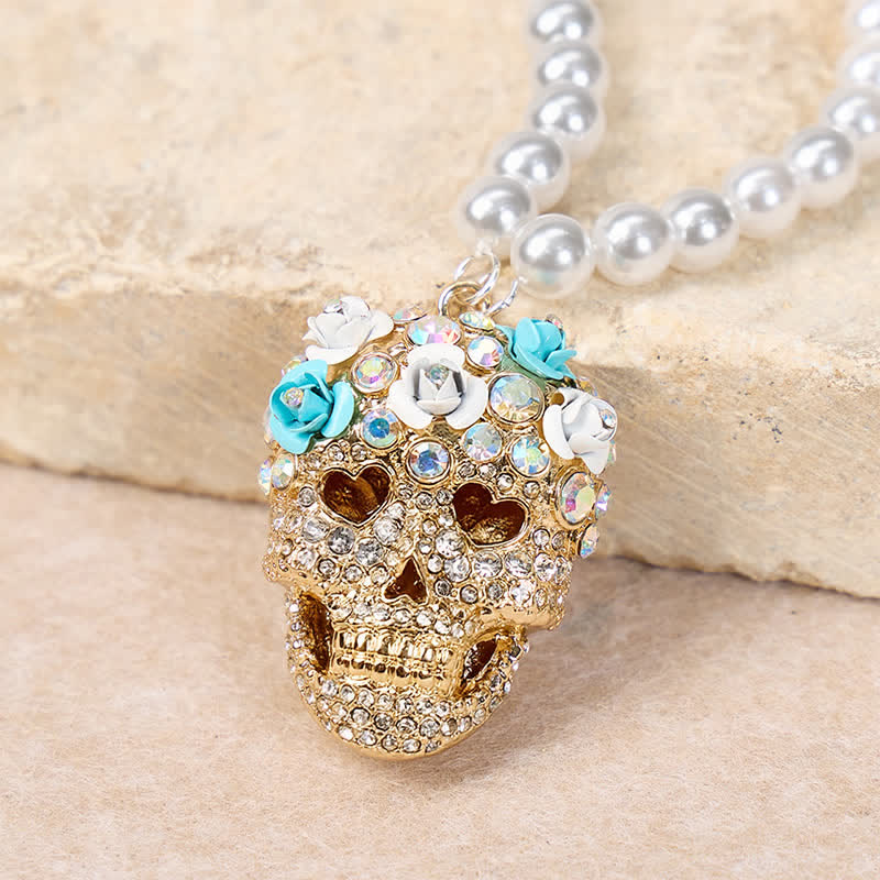 Collana con teschio di zucchero e perle, con strass di cristallo e fiori - Oro - image 0