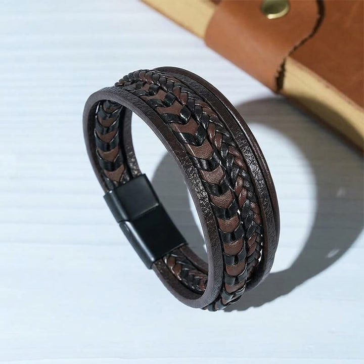 Bracciale multistrato da uomo in pelle intrecciata piatta con chiusura magnetica, stile western. - Caffè - 23 cm - image 0