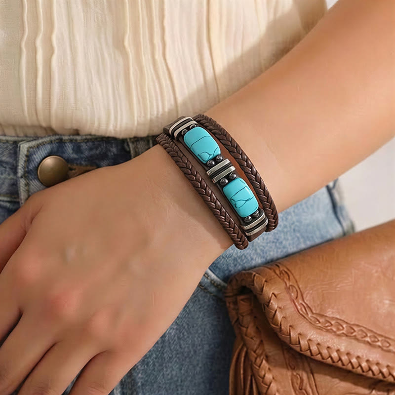 Bracciale da uomo in pelle intrecciata stile western con inserti in turchese. - image 5