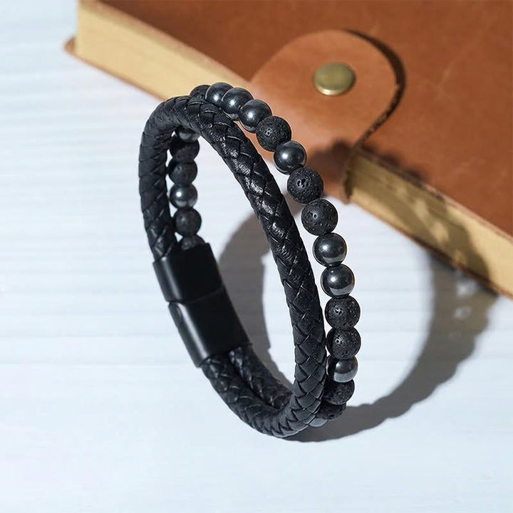 Bracciale da uomo vintage western in pelle mista e pietra lavica a più strati - Stile n. 4 - 9,06" / 23 cm - image 2