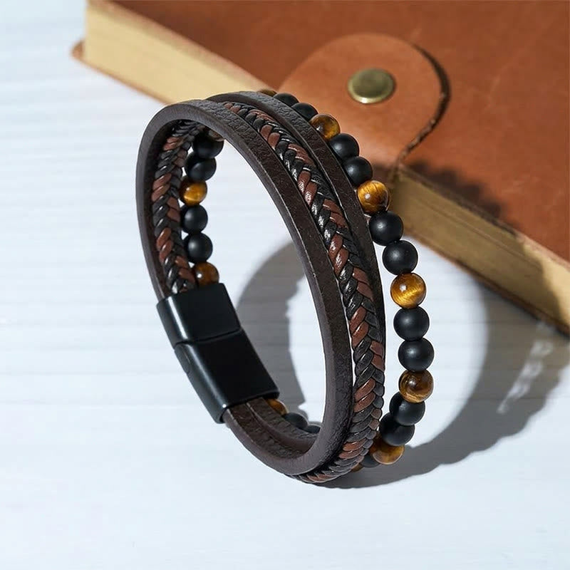 Bracciale da uomo vintage western in pelle mista e pietra lavica a più strati - Stile n. 1 - 9,06" / 23 cm - image 0