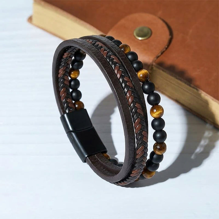 Bracciale da uomo vintage western in pelle mista e pietra lavica a più strati - Stile n. 1 - 9,06" / 23 cm - image 0