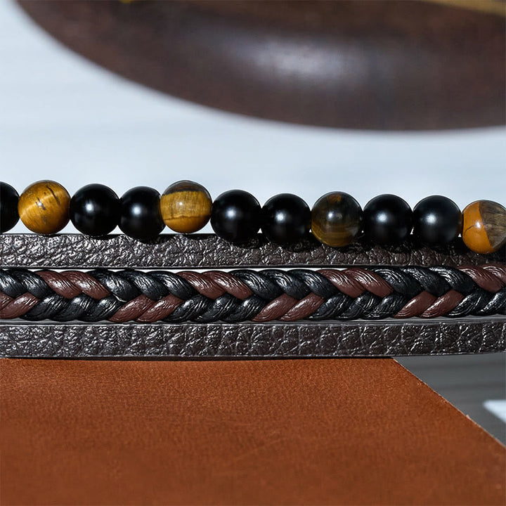Bracciale da uomo vintage western in pelle mista e pietra lavica a più strati - image 9
