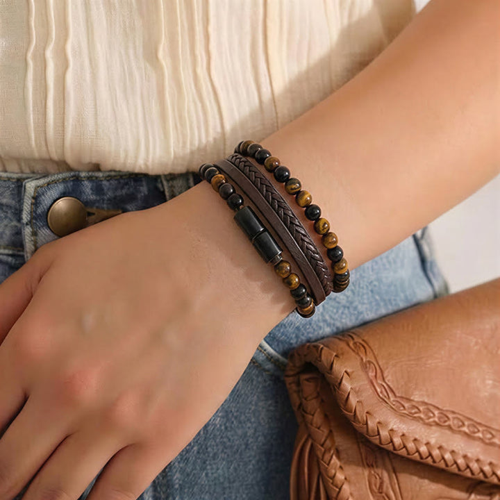 Bracciale da uomo vintage western in pelle mista e pietra lavica a più strati - image 5
