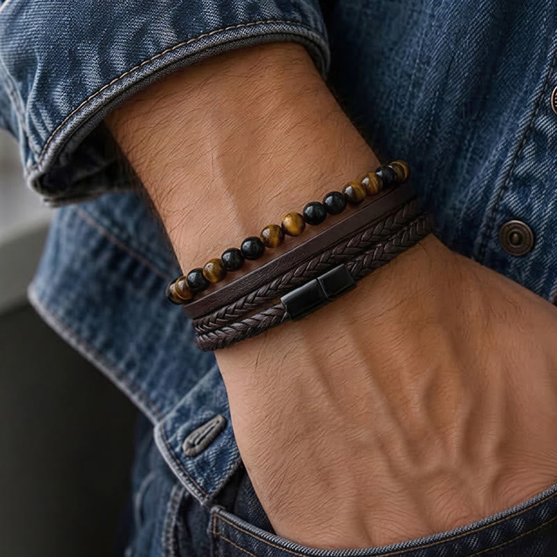 Bracciale da uomo vintage western in pelle mista e pietra lavica a più strati - image 1