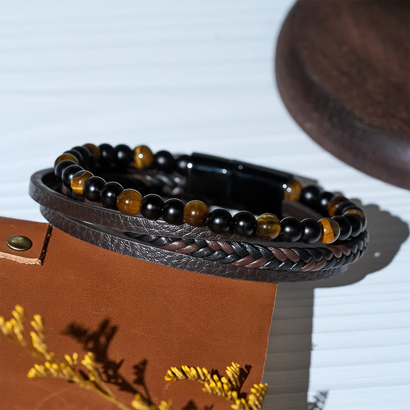 Bracciale da uomo vintage western in pelle mista e pietra lavica a più strati - image 8