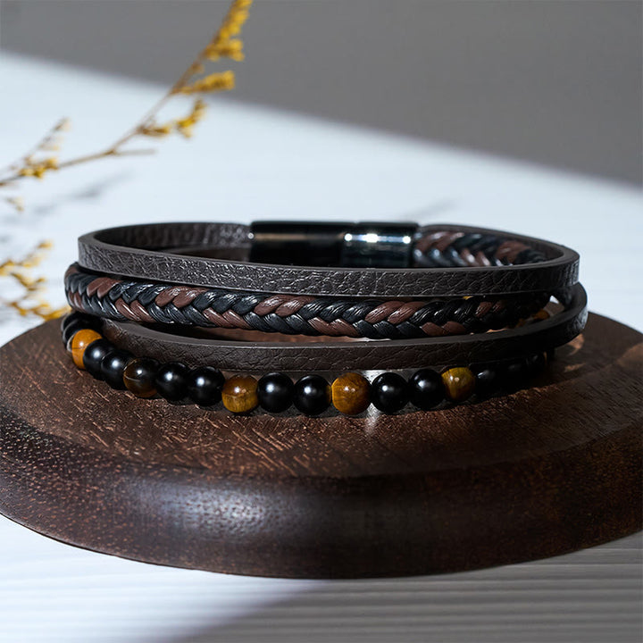 Bracciale da uomo vintage western in pelle mista e pietra lavica a più strati - image 6