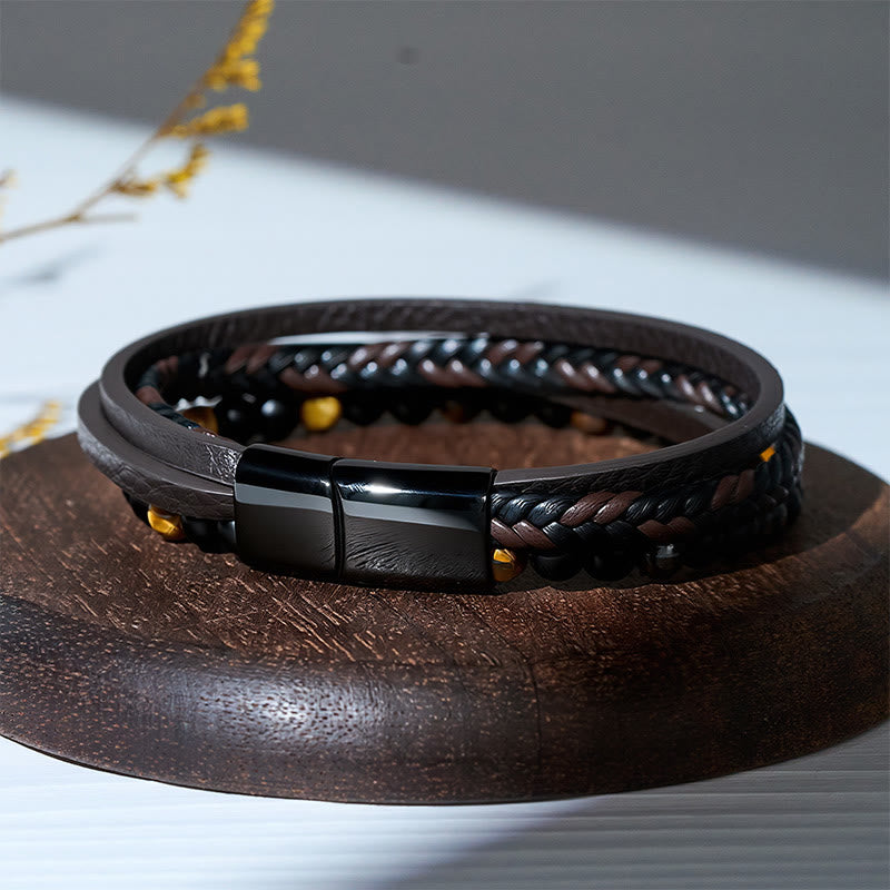 Bracciale da uomo vintage western in pelle mista e pietra lavica a più strati - image 7