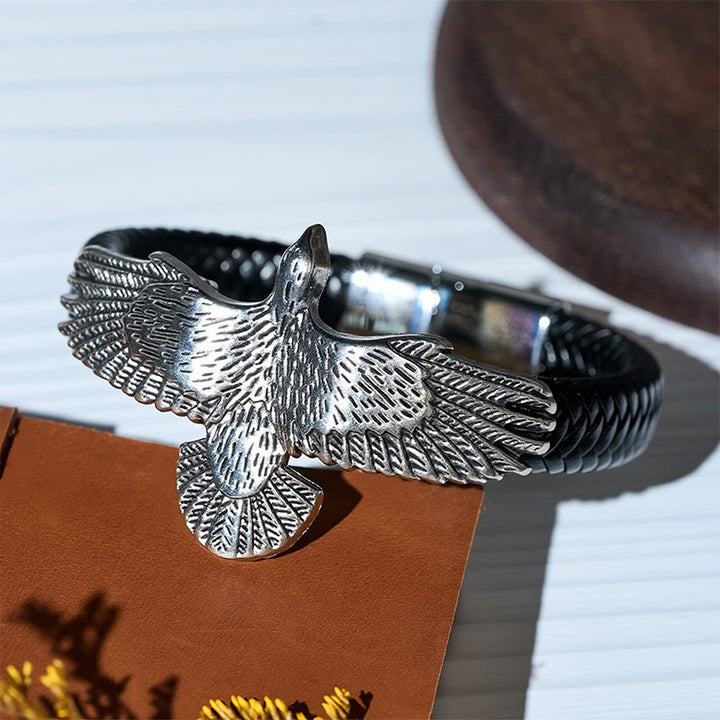 Bracciale da uomo vintage western in pelle intrecciata con aquila ad ali spiegate - image 9