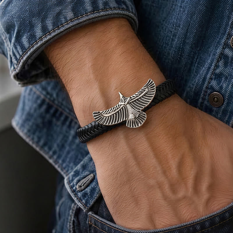 Bracciale da uomo vintage western in pelle intrecciata con aquila ad ali spiegate - image 1