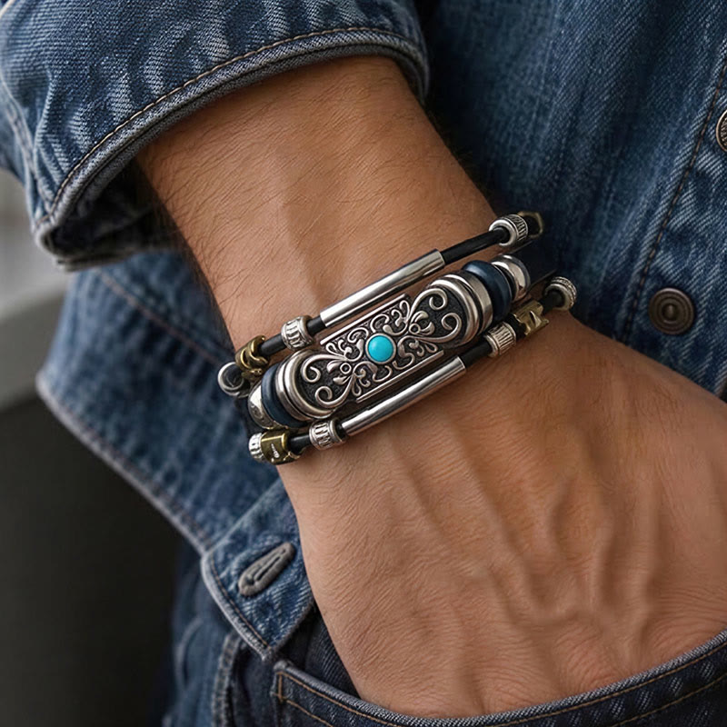 Bracciale da uomo vintage western in pelle con pietre blu e filigrana - image 1